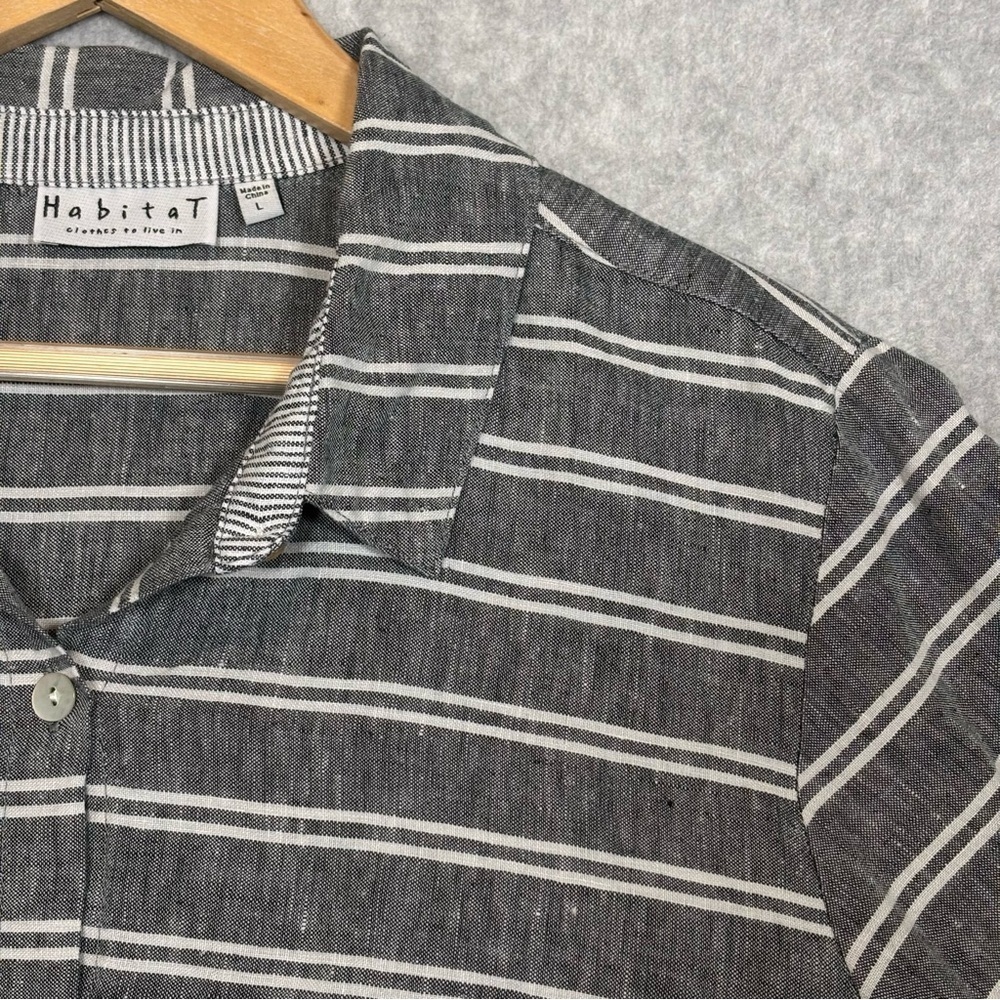 Habitat Clothes to Live in Linen Striped Button Up Shirt-Gray/White-Women Large